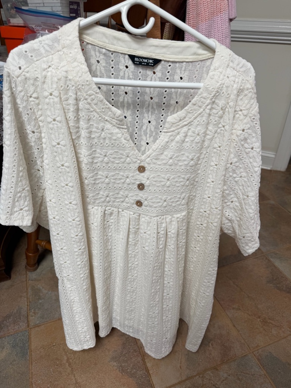BloomChic Cream Eyelet Peasant Tunic with Button Detail